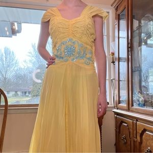 Vintage yellow cyan beaded prom dress